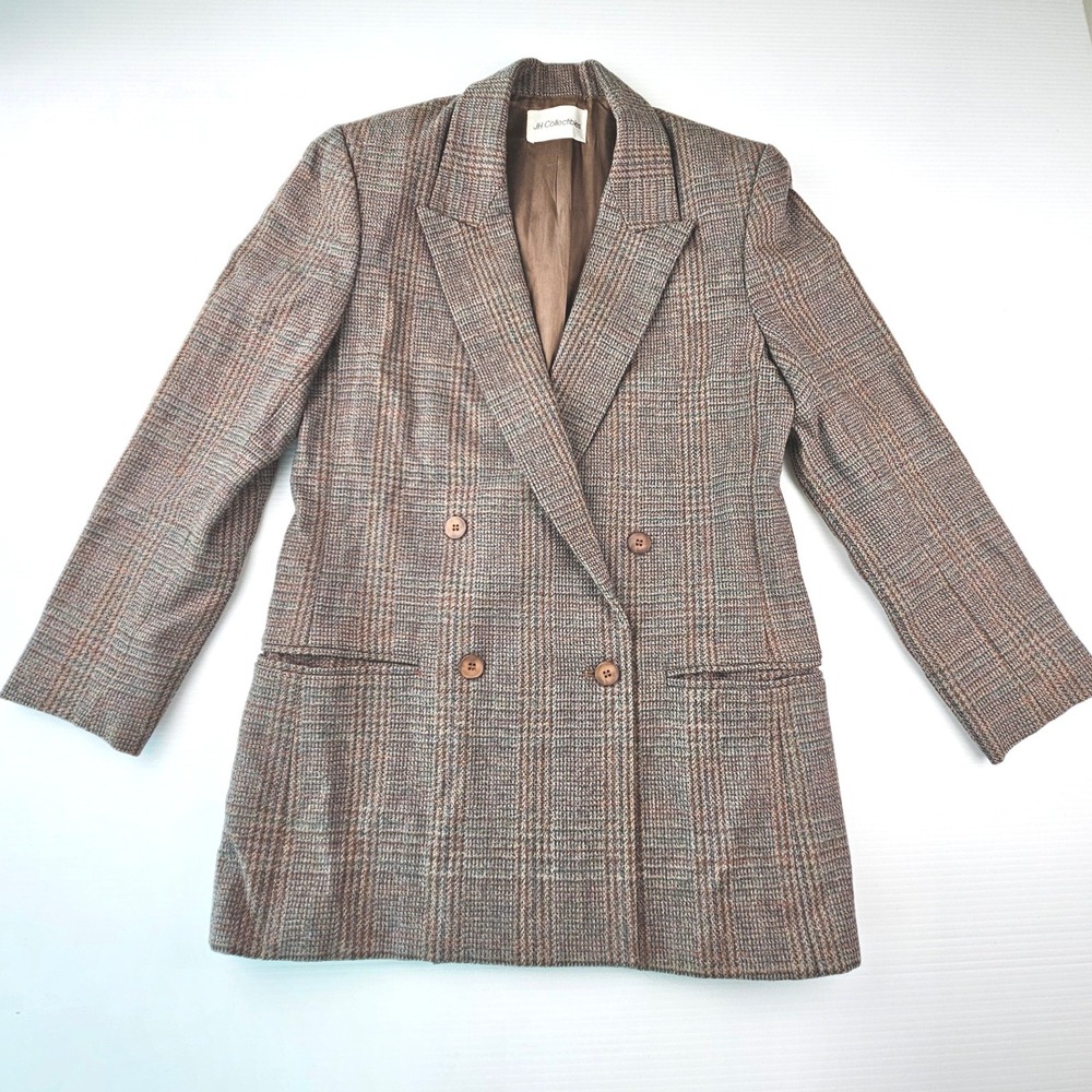 JH Collectibles Vintage 80s Wool Blazer Glen Plaid Double Breasted Brown Size 6